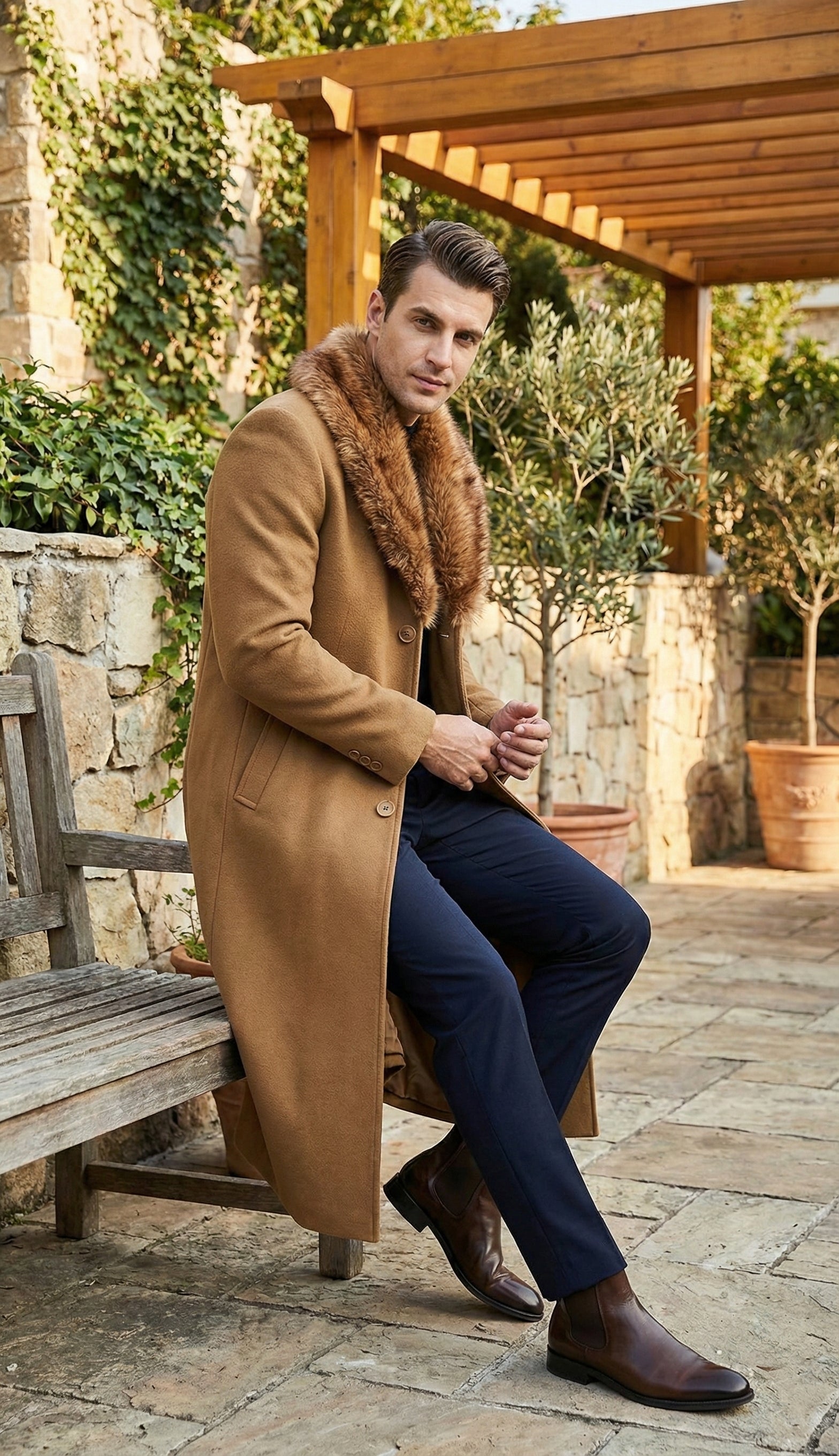 Men's Camel Brown Long Overcoat with Faux Fur Collar, Classic Winter Topcoat for Formal and Business Wear - Coat Size 34