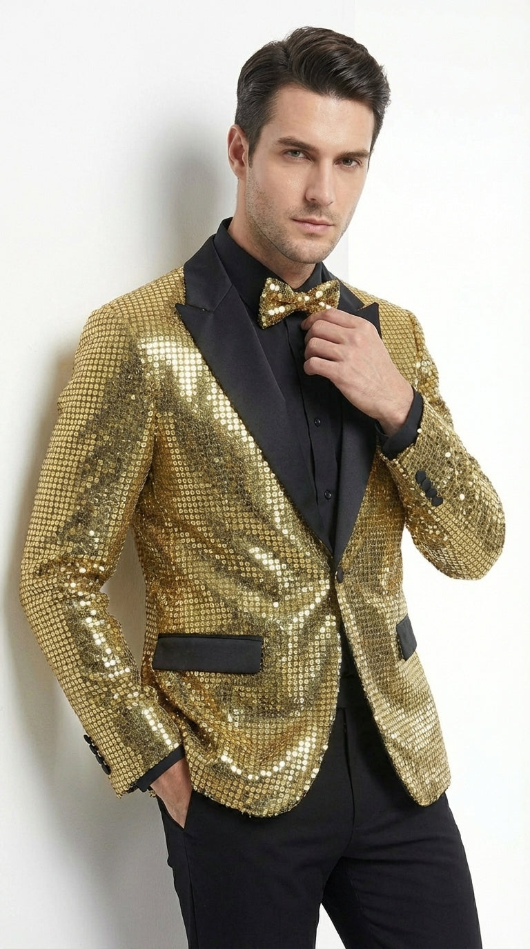 Mens Gold Sequin Blazer with Black Satin Lapel – Gold Formal Party Blazer Jacket for Prom, Wedding and Stage Events - 36 Short