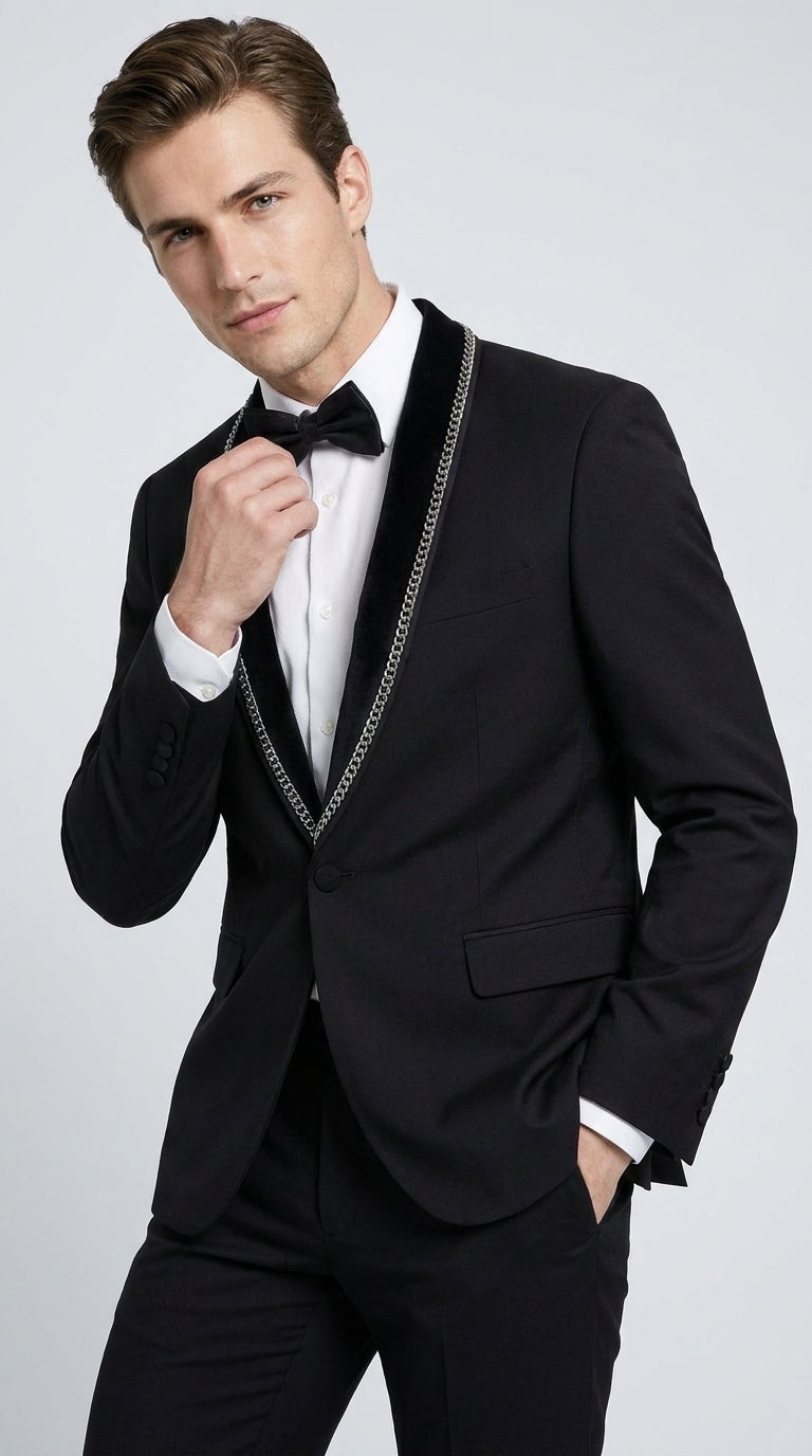 Men’s 1970s Style Black Boot Cut Tuxedo Suit – Shawl Lapel Wedding, Prom and Formal 2-Piece Suit - 34 Short or Extra Small