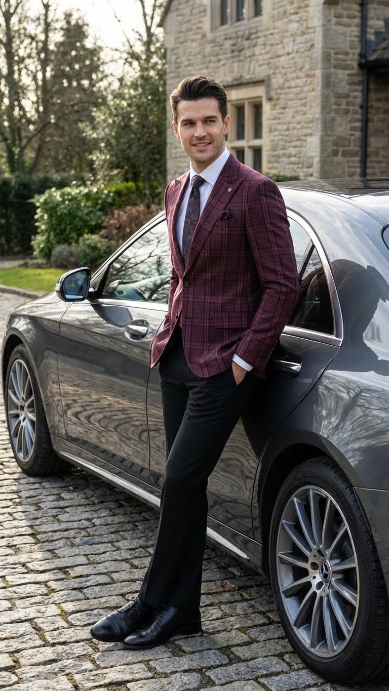 Men’s Burgundy Check Blazer – Windowpane Plaid blazer in Maroon Wine Color - 36 Short