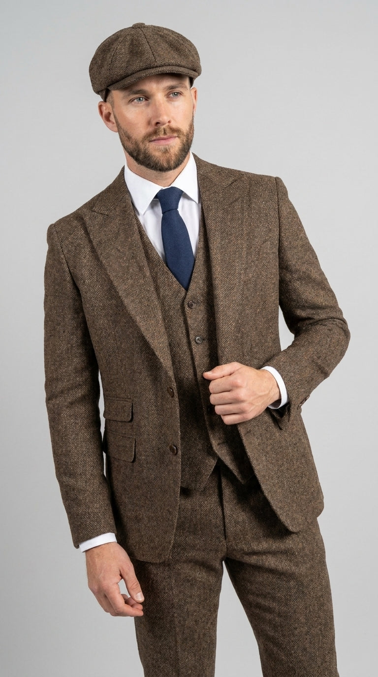 Peaky Blinder Men’s Brown Tweed 3-Piece Suit – Vintage Wedding, Business and Formal Suit with Matching Vest and Pants - 34 Short or Extra Small