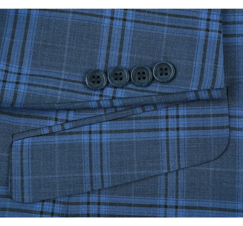 "Blue Windowpane Plaid Men's Slim Fit Two-Button Suit"