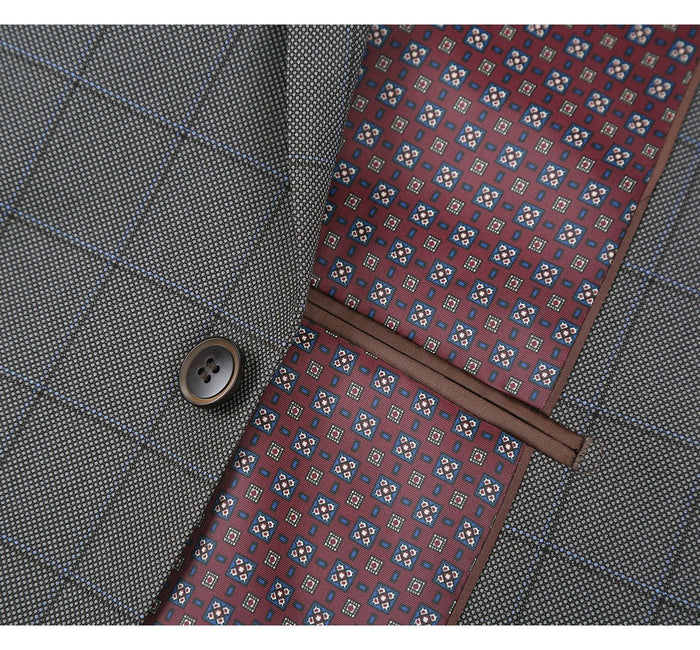 "Grey Windowpane Plaid Men's Two Button Classic Fit Suit"