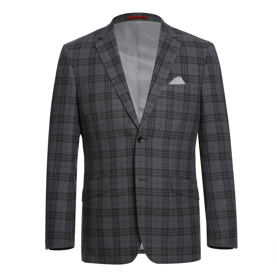 "Charcoal Grey Windowpane Plaid Men's Slim Fit Two-Button Suit" - 34 Short
