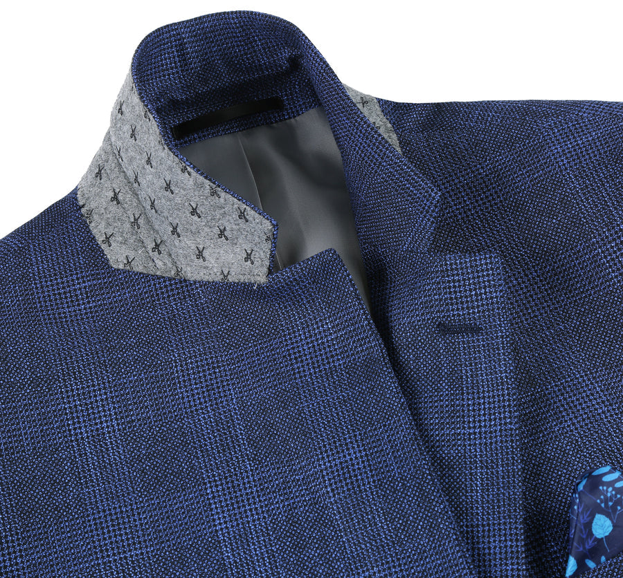 "Classic Fit Men's Blazer - Navy Blue Windowpane Plaid, Two Button Sport Coat"