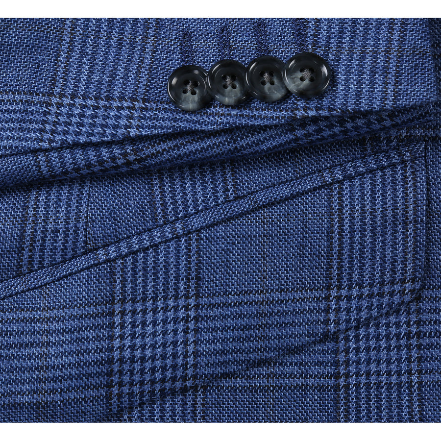 "Men's Navy Blue Slim Fit Linen Blazer - Two Button, Summer Windowpane Plaid"