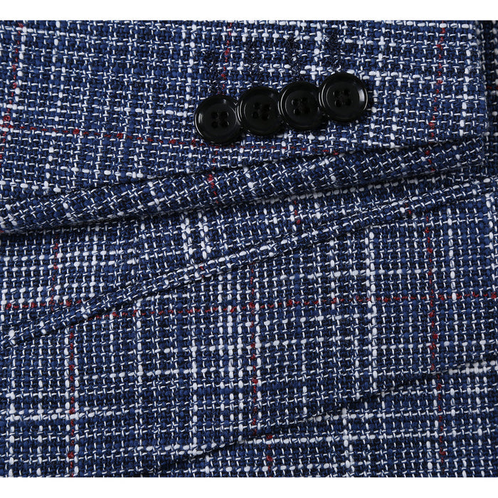"Blue Windowpane Plaid Men's Slim Fit Wool & Linen Sport Coat Blazer"