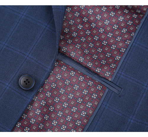 "Indigo Blue Windowpane Plaid Men's Slim Fit Two-Button Suit"