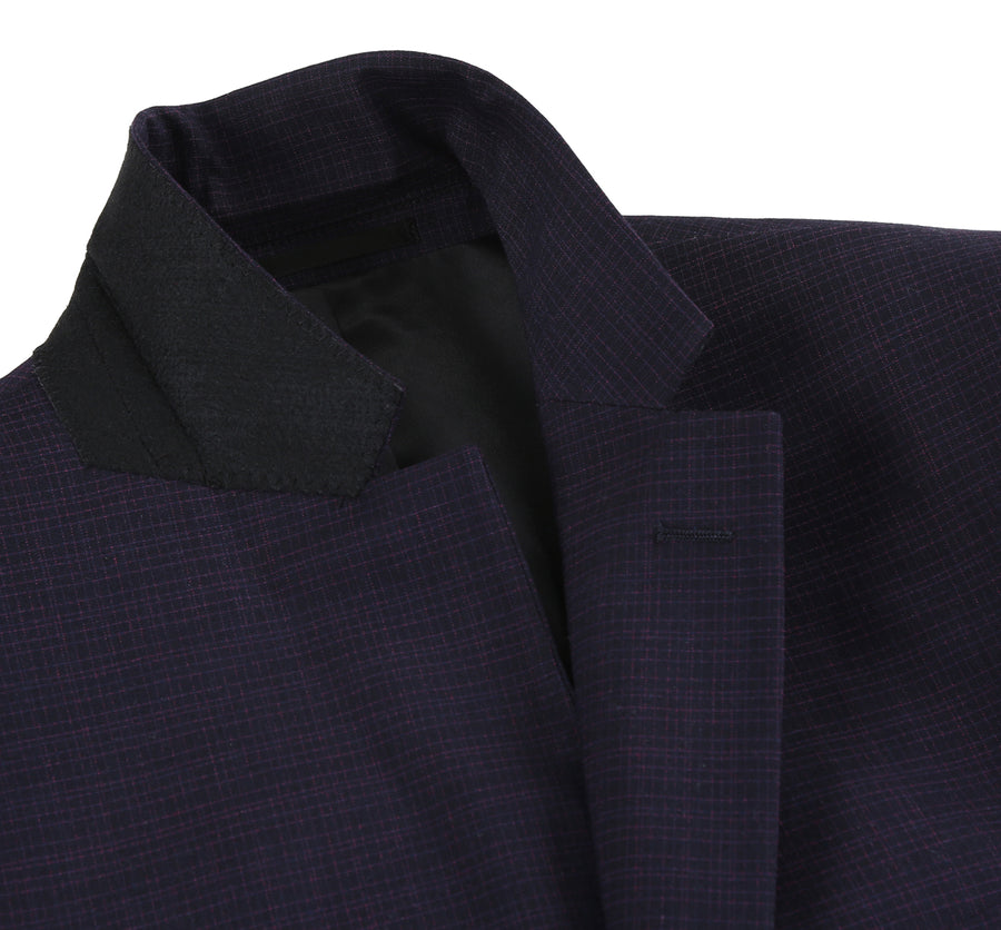 "Men's Slim Fit Two Button Suit - Black & Magenta Mini Check" - 34 Short