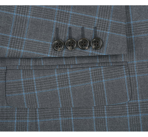 "Classic Fit Men's Two Button Suit - Grey & Blue Windowpane Plaid"