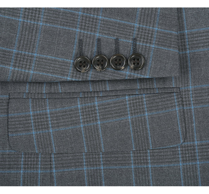 "Classic Fit Men's Two Button Suit - Grey & Blue Windowpane Plaid"