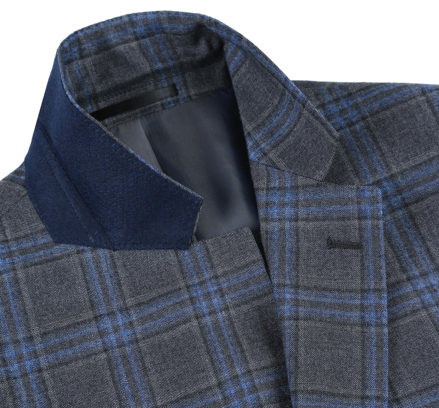 "Classic Fit Men's Wool Suit - Two Button Vested in Grey & Blue Windowpane Plaid" - 44 Regular