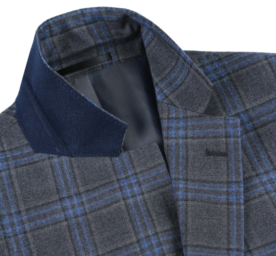 "Classic Fit Men's Wool Suit - Two Button Vested in Grey & Blue Windowpane Plaid"