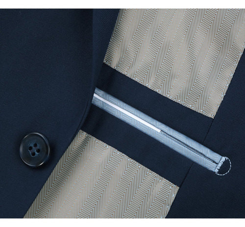 "Extra Long Two Button Men's Suit - Navy Blue, Basic Style"