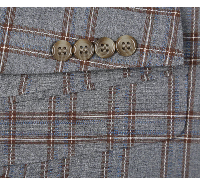 "Grey & Bronze Windowpane Plaid Slim Fit Two Button Men's Suit"