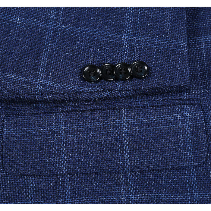 "Classic Fit Wool plaid  Blazers - Men's Two Button Navy Blue Windowpane Plaid Sport Coat"