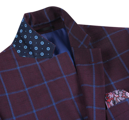 "Men's Slim Fit Two-Button Sport Coat Blazer - Burgundy & Blue Windowpane Plaid"