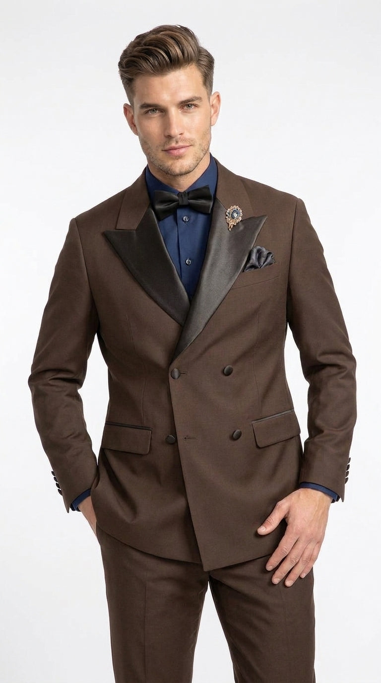 Men’s Brown Double Breasted Tuxedo – Satin Peak Lapel Formal Wedding & Prom Suit