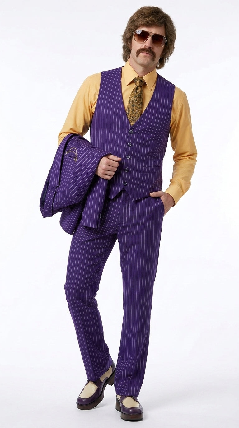 Men’s Purple Pinstripe 3-Piece Suit – 1970s Disco, Pimp, Retro Rockabilly and Party Suit - 34 Short or Extra Small