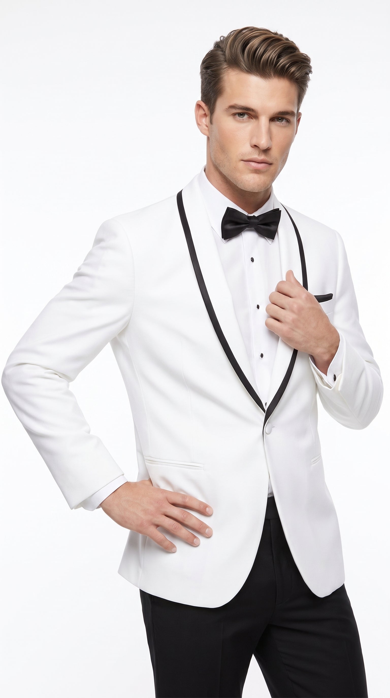 Men’s White Tuxedo Jacket – Black Trim Shawl Lapel Formal Dinner Blazer for Weddings, Prom Wedding Blazer Modern fit - 36 Short