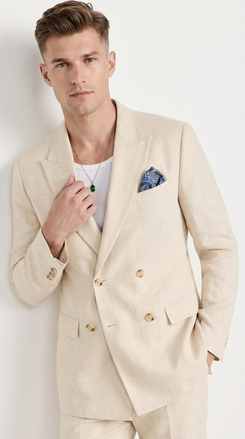 Men’s Light Beige Linen Double-Breasted Suit – Summer Wedding, Beach and Formal 2-Piece Suit