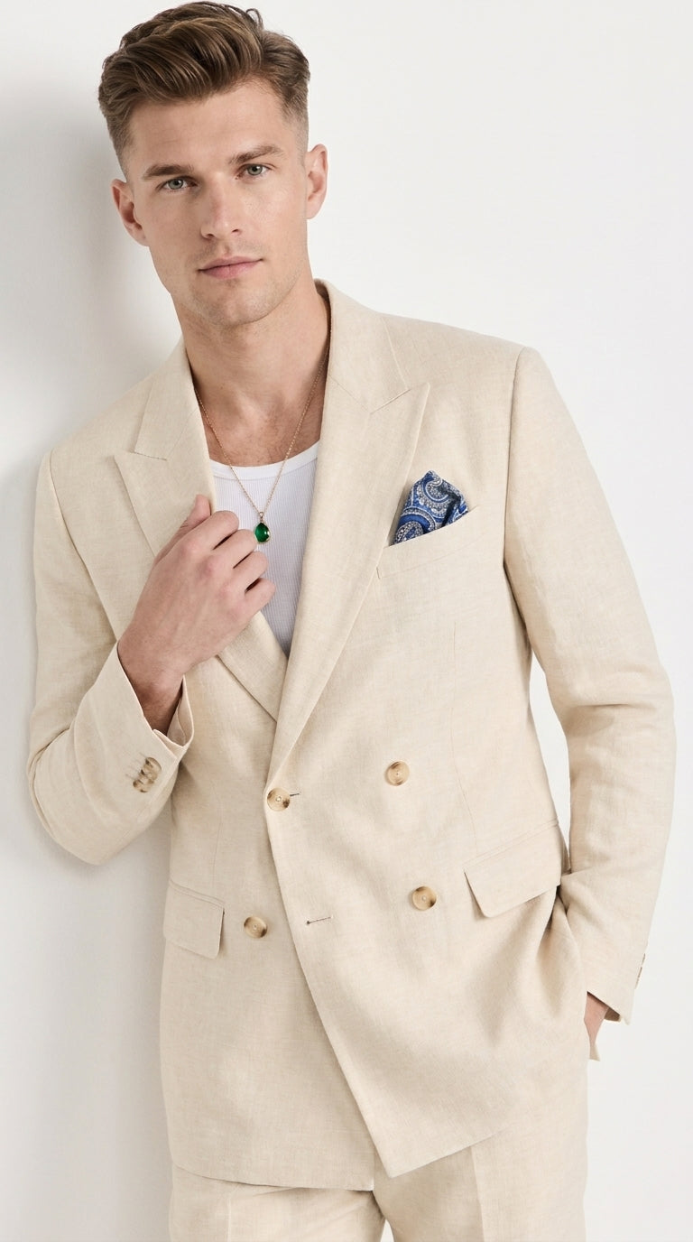 Men’s Light Beige Linen Double-Breasted Suit – Summer Wedding, Beach and Formal 2-Piece Suit