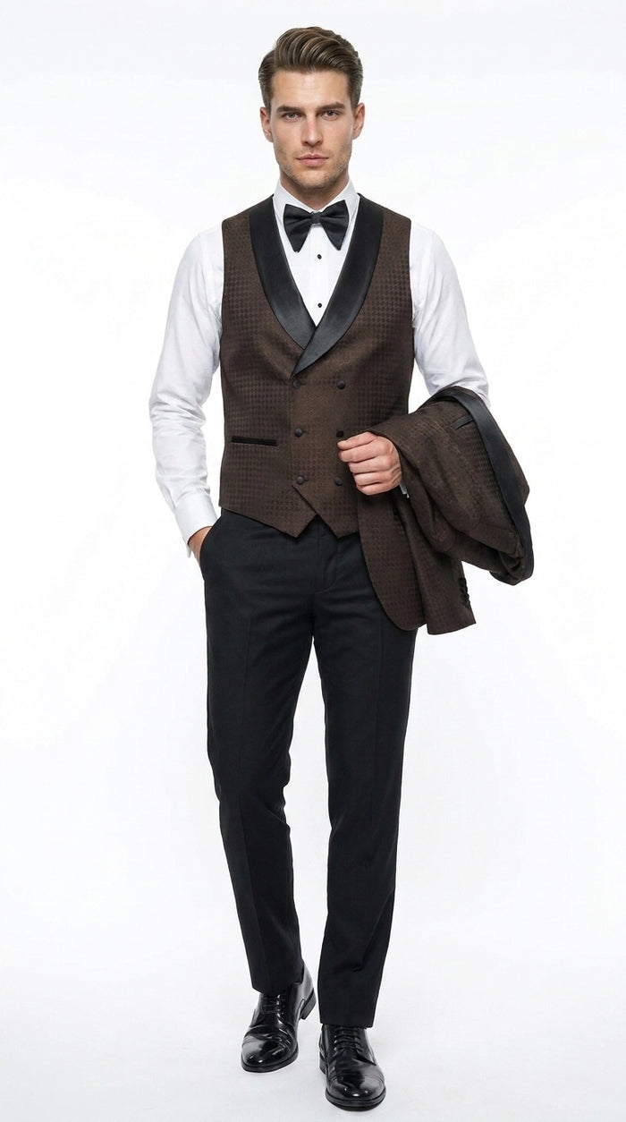 Men’s Chocolate Brown Tuxedo Suit – 3 Piece Shawl Lapel Wedding, Prom and Formal Dinner Tuxedo