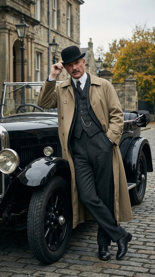 Men's Beige Cotton Trench Coat Suit Package – Classic Long Overcoat