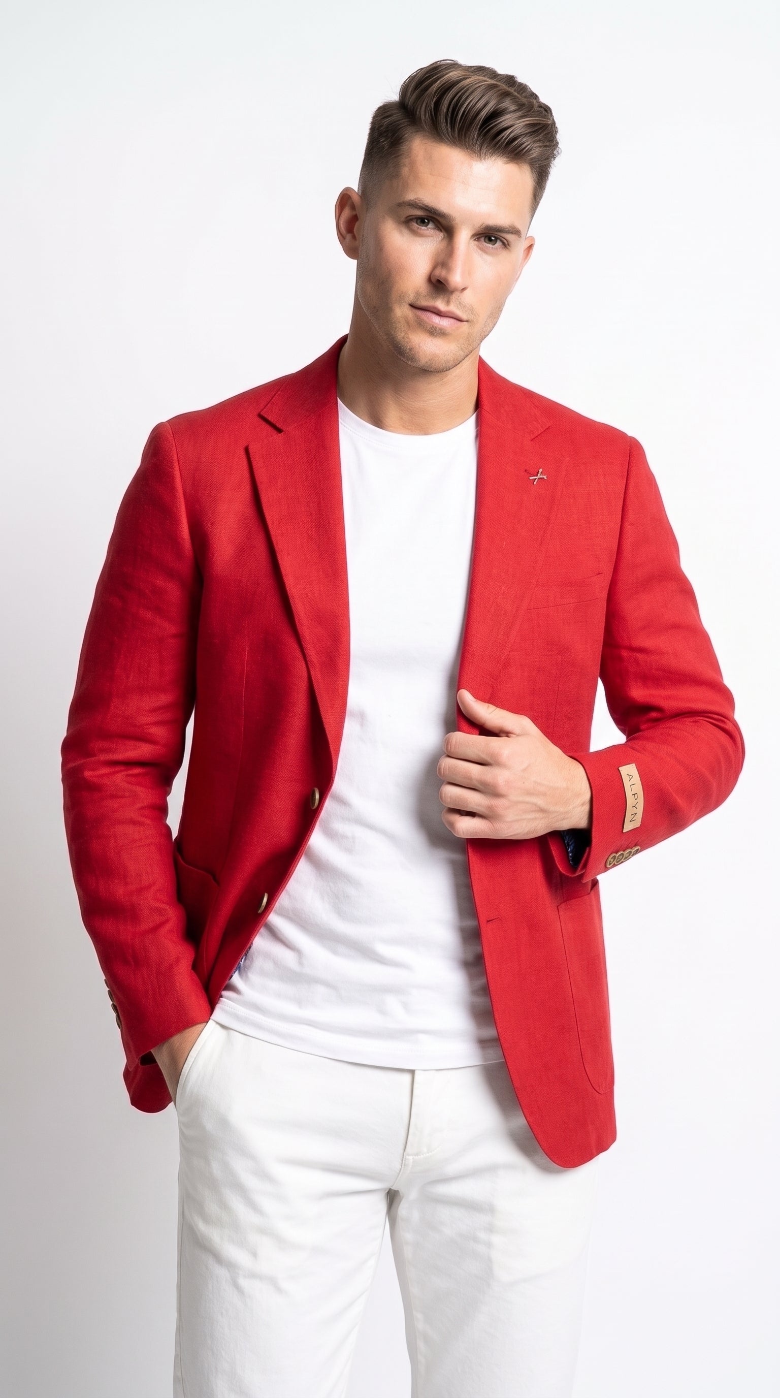 Men’s Red Linen Blazer – Two-Button Wedding, Business and Smart Casual Sport Coat - 36 Short