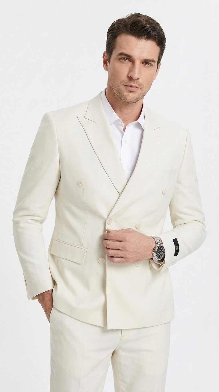 Men’s Ivory Cream Double-Breasted Linen Suit – Off-White Summer Wedding Slim Fitted 2-Piece Suit Cream Color - 34 Short or Extra Small