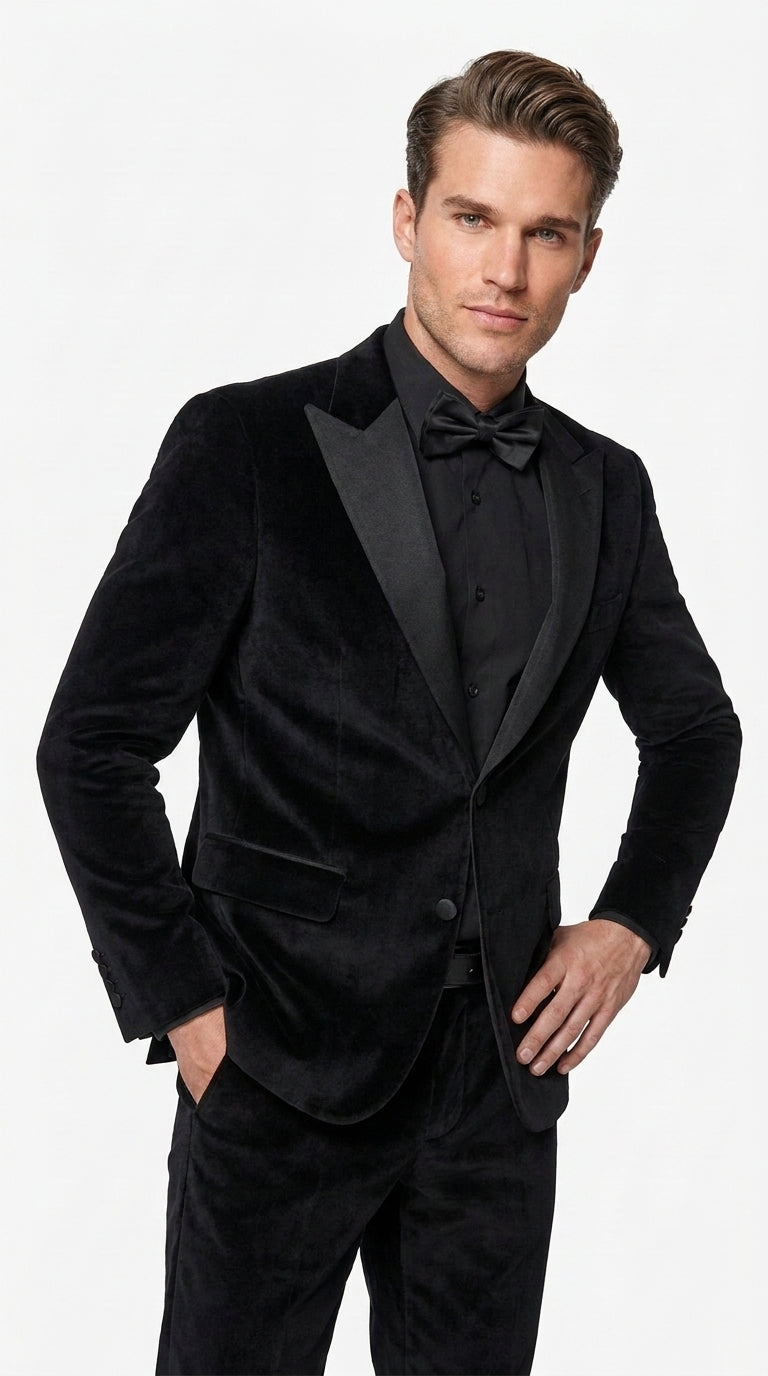 Men’s Black Velvet Tuxedo Suit – Peak Lapel Wedding, Prom and Formal Evening Velvet Pants - 34 Short or Extra Small