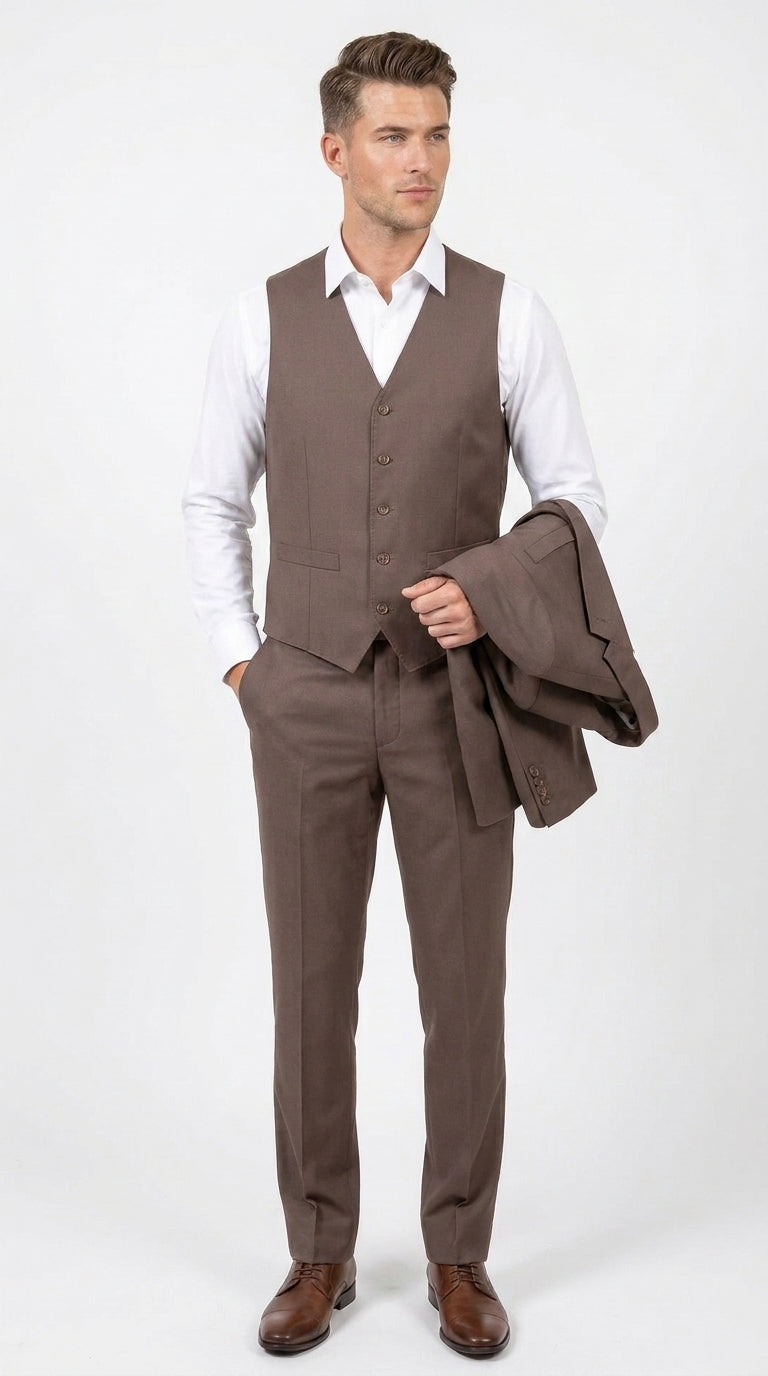 Men’s Zagarie Brand Light Brown Mocha 3-Piece Wool Suit – Modern Wedding, Business and Formal Suit with Pick Stitching - 34 Short or Extra Small