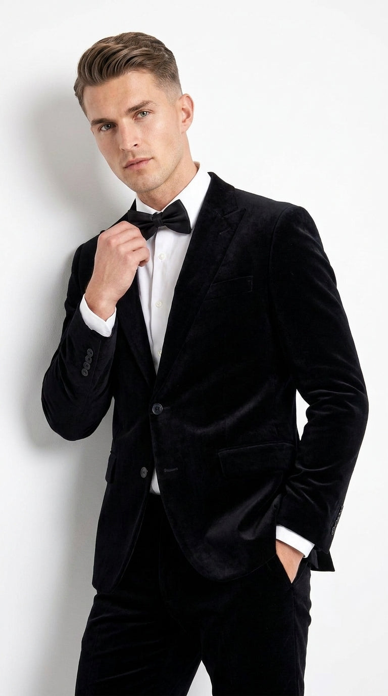 Men’s Black Velvet 2-Piece Suit – Notch Lapel Wedding, Prom and Formal Evening Suit - 34 Short or Extra Small