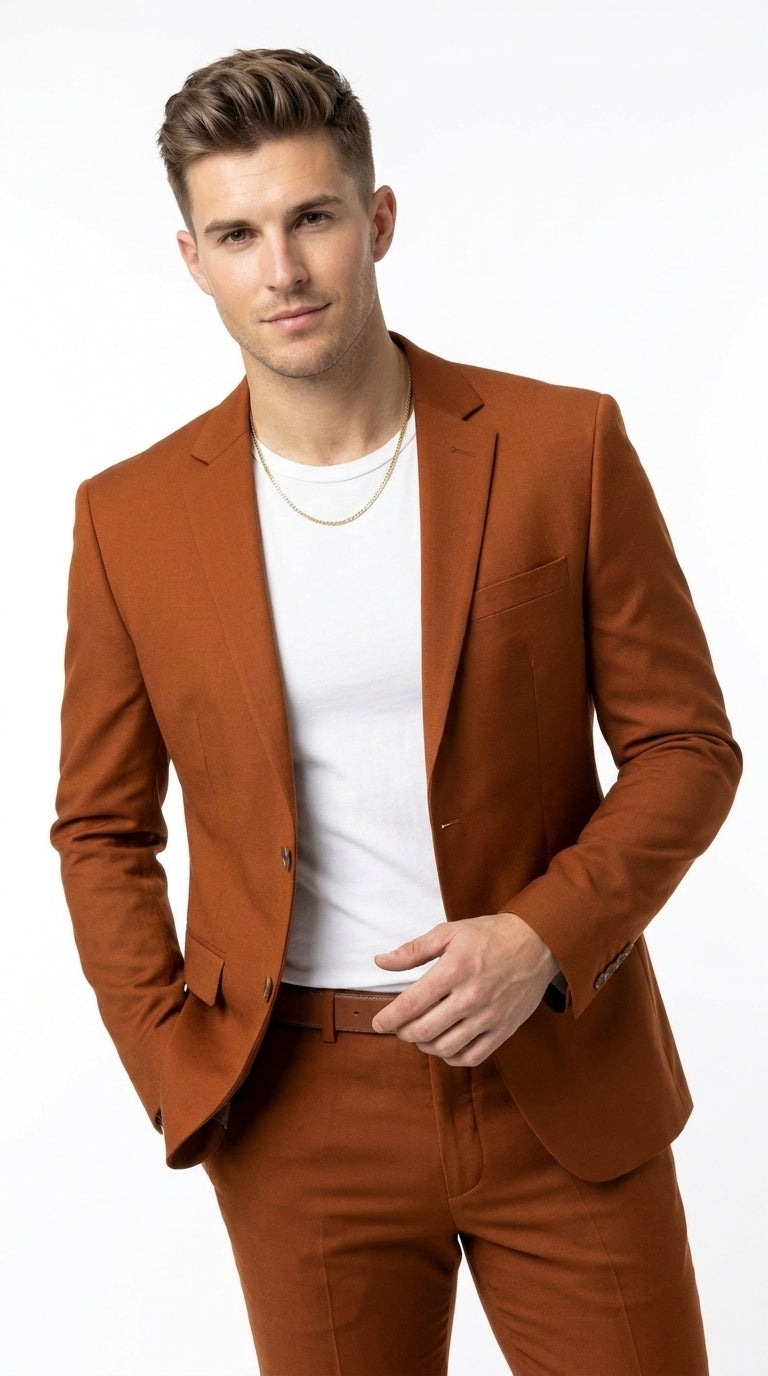Men’s Burnt Orange Modern Fit Suit – Slim Fit Wedding, Prom and Formal 2-Piece Suit Copper Brick Color - 34 Short or Extra Small