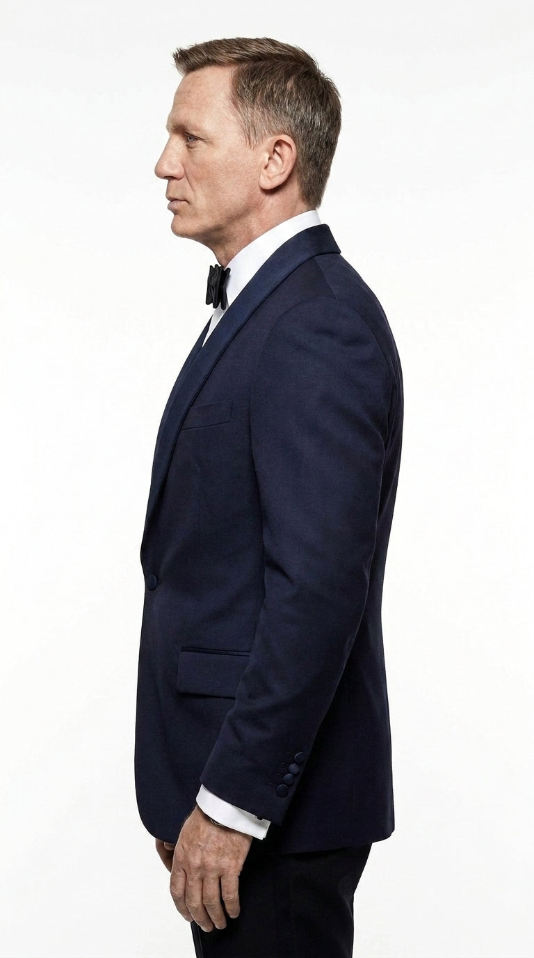 Men’s Navy James Bond Tuxedo Dinner Jacket – Satin Shawl Lapel Wedding, Prom and Black-Tie Blazer - 34 Short or Extra Small