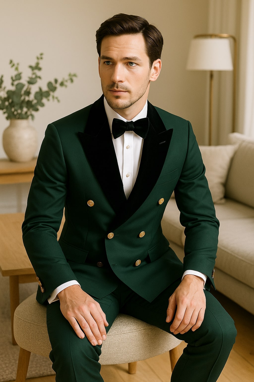 Men's Green Double-Breasted Wedding Tuxedo with Black Velvet Lapel and Gold Buttons - 34 Short or Extra Small
