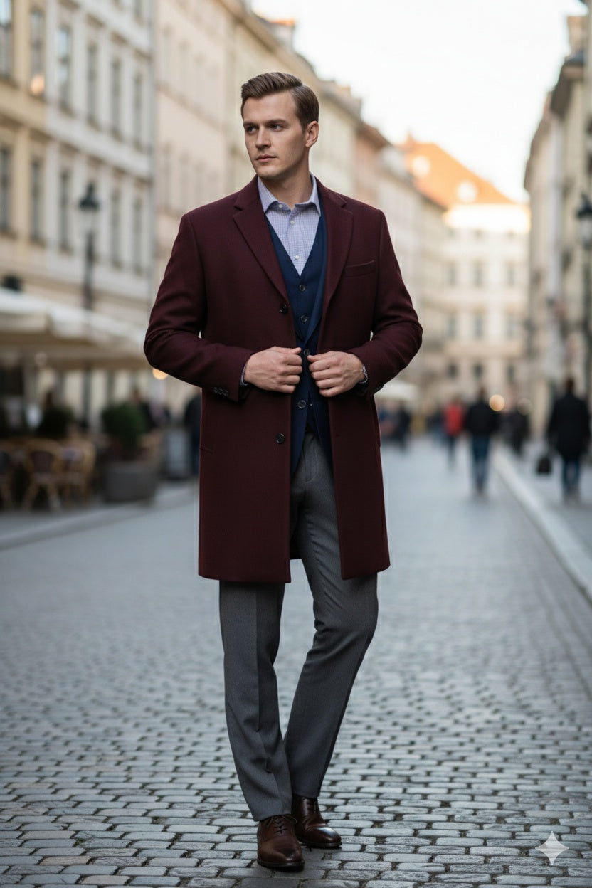 Men’s Burgundy Wool and Cashmere Car Coat – Classic Winter Topcoat for Business and Formal Wear - Coat Size 38