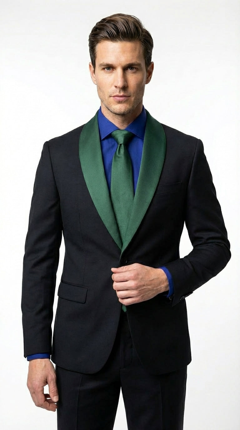 Men’s Black Suit with Hunter Green Shawl Lapel – Black and Hunter Green Formal Tuxedo Suit for Wedding, Prom With Bow Tie - 34 Short or Extra Small