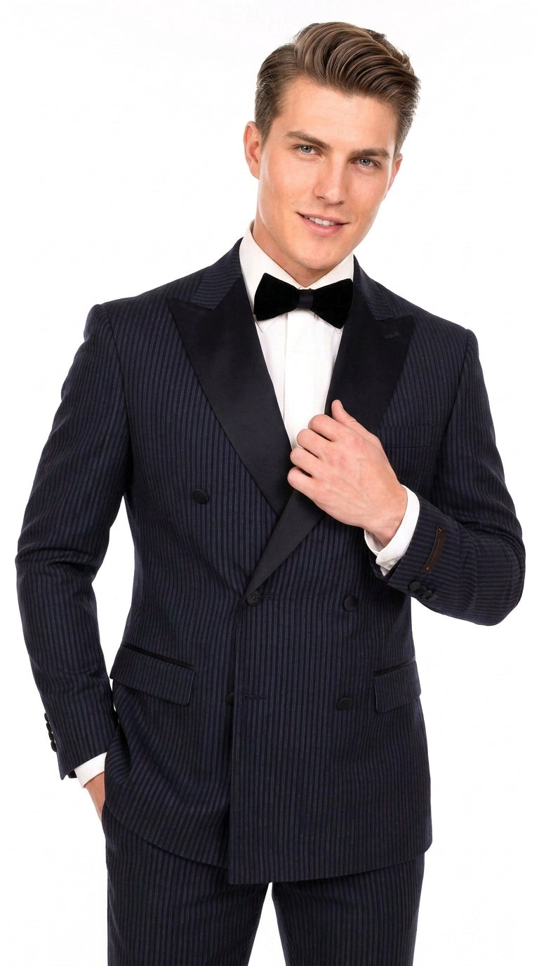 Men’s Navy Blue Double-Breasted Tuxedo – Tone-on-Tone Shadow Pinstripe Formal Wedding and Prom Suit - 34 Short or Extra Small