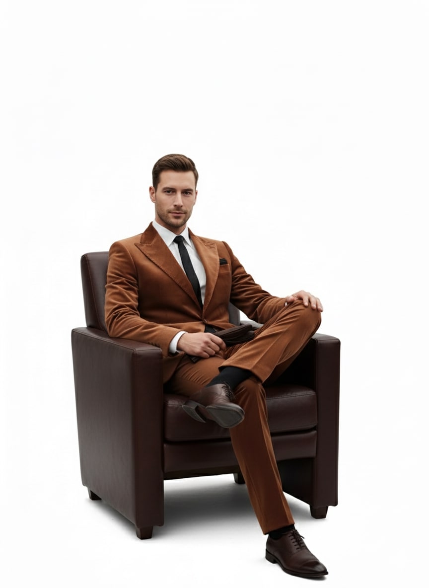 Mens Brown Velvet 2-Piece Suit – Luxury Slim Fit Formal Blazer and Pants Set in Rust Copper Color - 36R