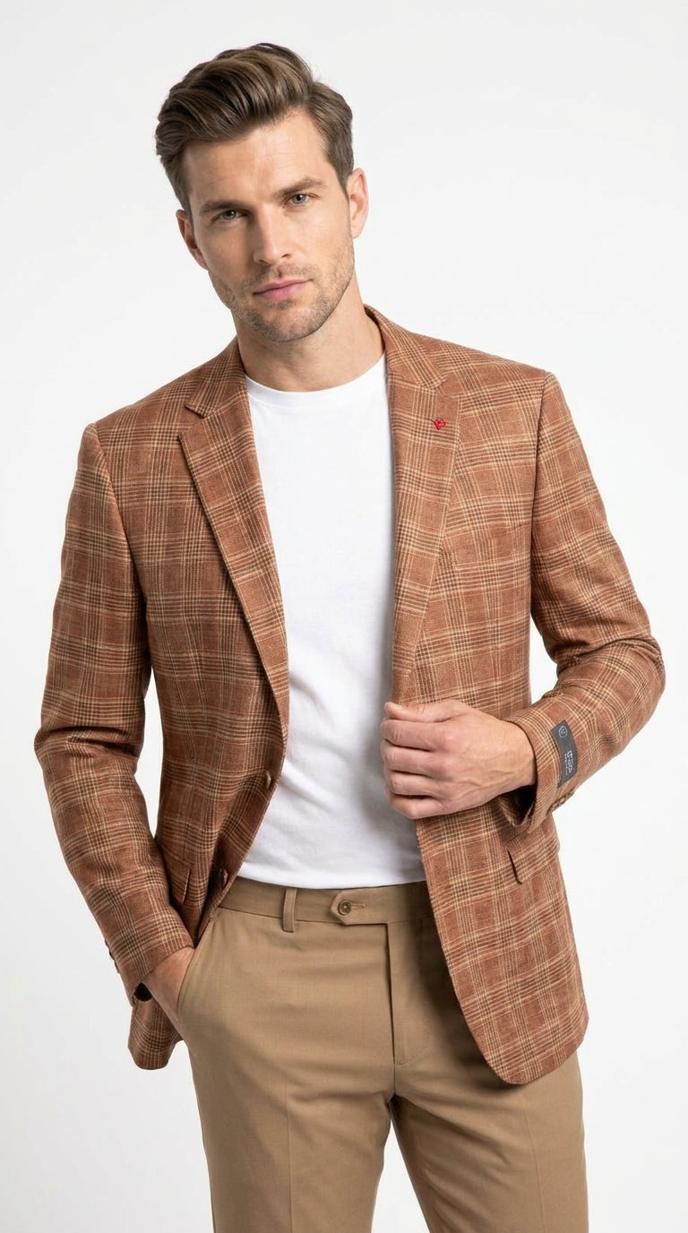 Vitali Men’s Rust Copper Brown Plaid Blazer with Tan Pants – Classic Windowpane, Business and Smart-Casual Birck color  Suit - 36 Short