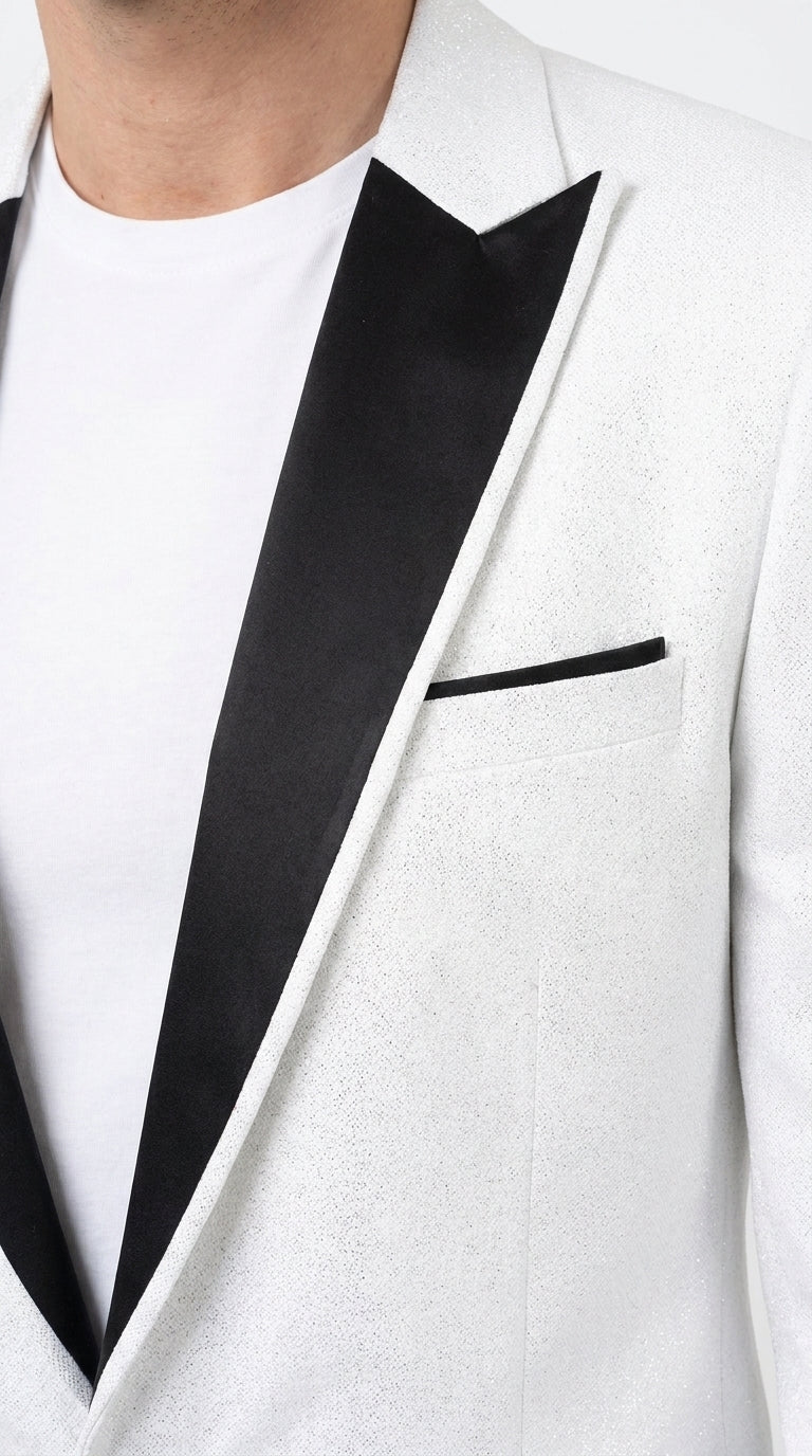 Men's White Sparkle Dinner Jacket – Black Satin Shawl Lapel Tuxedo Blazer   Slim Fit Sequin Shiny Prom Jacket - 34 Short or Extra Small