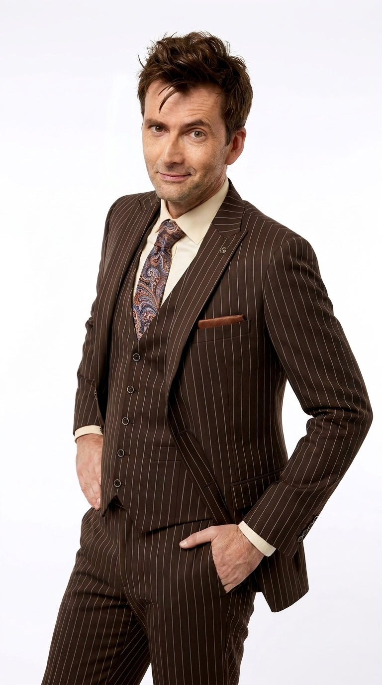Men’s Doctor Who Inspired Brown Pinstripe 3-Piece Suit – Retro Vintage Wedding, Costume & Formal Suit - 34 Short or Extra Small