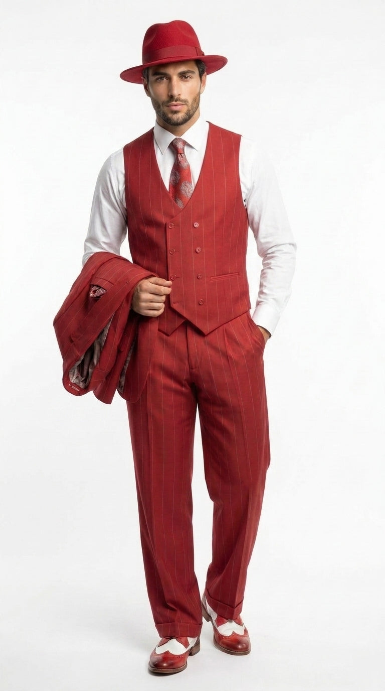 Men’s Red & White Pinstripe 3-Piece Suit by Mazari – Peak Lapel Classic Fit Gangster Suit with Pleated Pants - 34 Short or Extra Small
