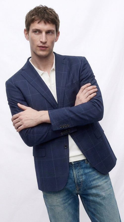 Men’s Navy Blue Plaid Wool Blazer – English Style Textured Wool Winter Sport Coat Windowpane pattern