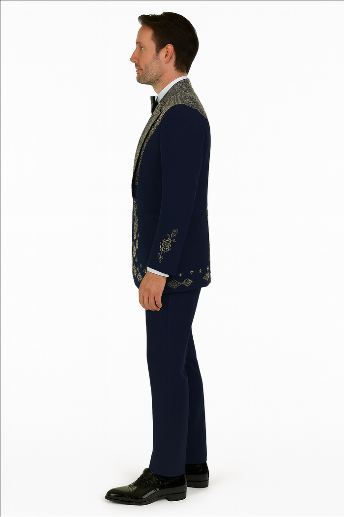 Mens Navy Tuxedo with Gold Embroidery Slim Fit Formal Dinner Jacket with Shawl Lapel