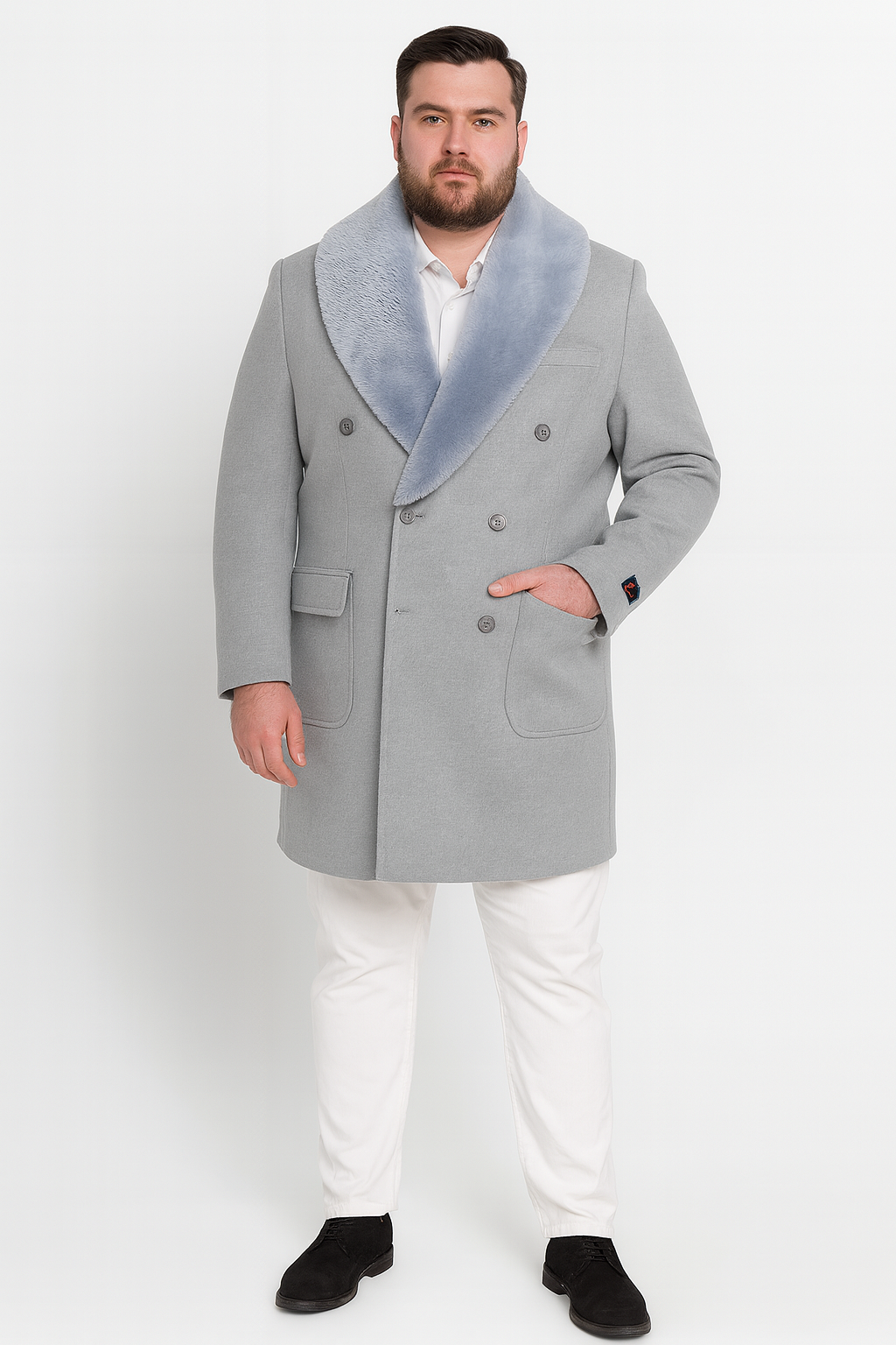 Men’s Light Grey Double Breasted Overcoat with Faux Fur Shawl Collar – Winter Luxury Coat Wool Fabric - Coat Size 36