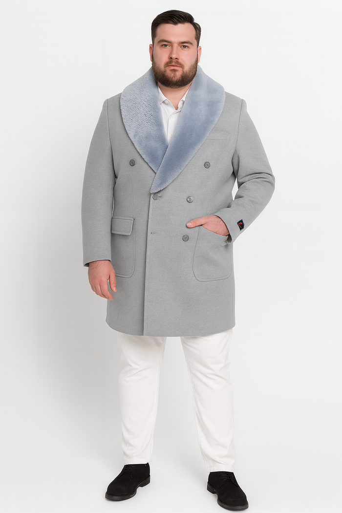 Mens Light Grey Double Breasted Overcoat with Faux Fur Shawl Collar â€“ Winter Luxury Coat Wool Fabric