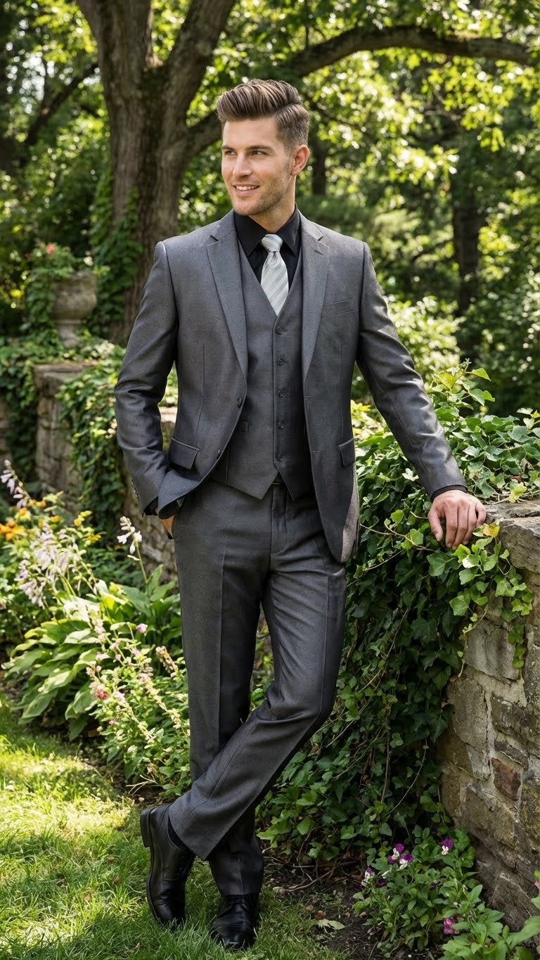 Mens Charcoal Gray Suit With Sheen -  | Shiny Texture Fabric Three Piece Wedding and Party Business - 34 Short or Extra Small