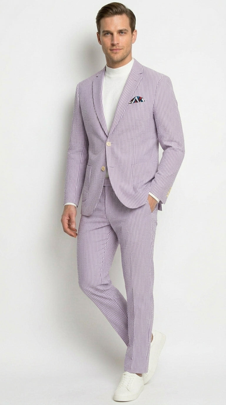 Men’s Lavender Seersucker 2 Piece Suit, Lightweight Summer Blazer and Pants Set for Weddings, Parties, Prom, and summer fabric - 34 Short or Extra Small